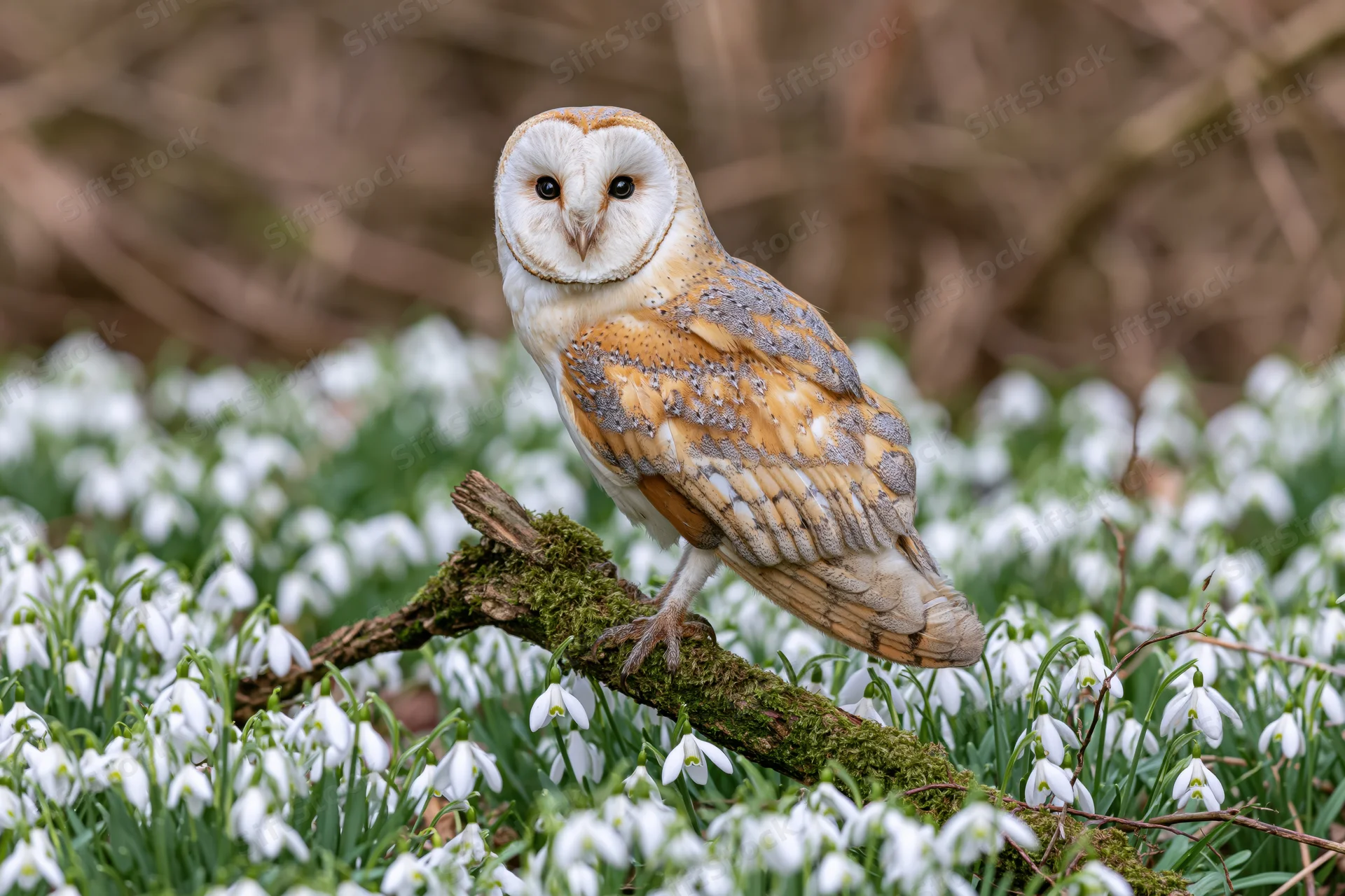 Barn owl perched on mossy branch among snowdrop flowers in woodland setting