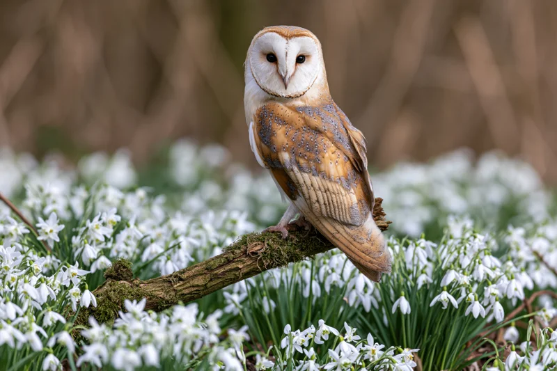 Barn owl perched on mossy branch surrounded by white snowdrop flowers in spring woodland