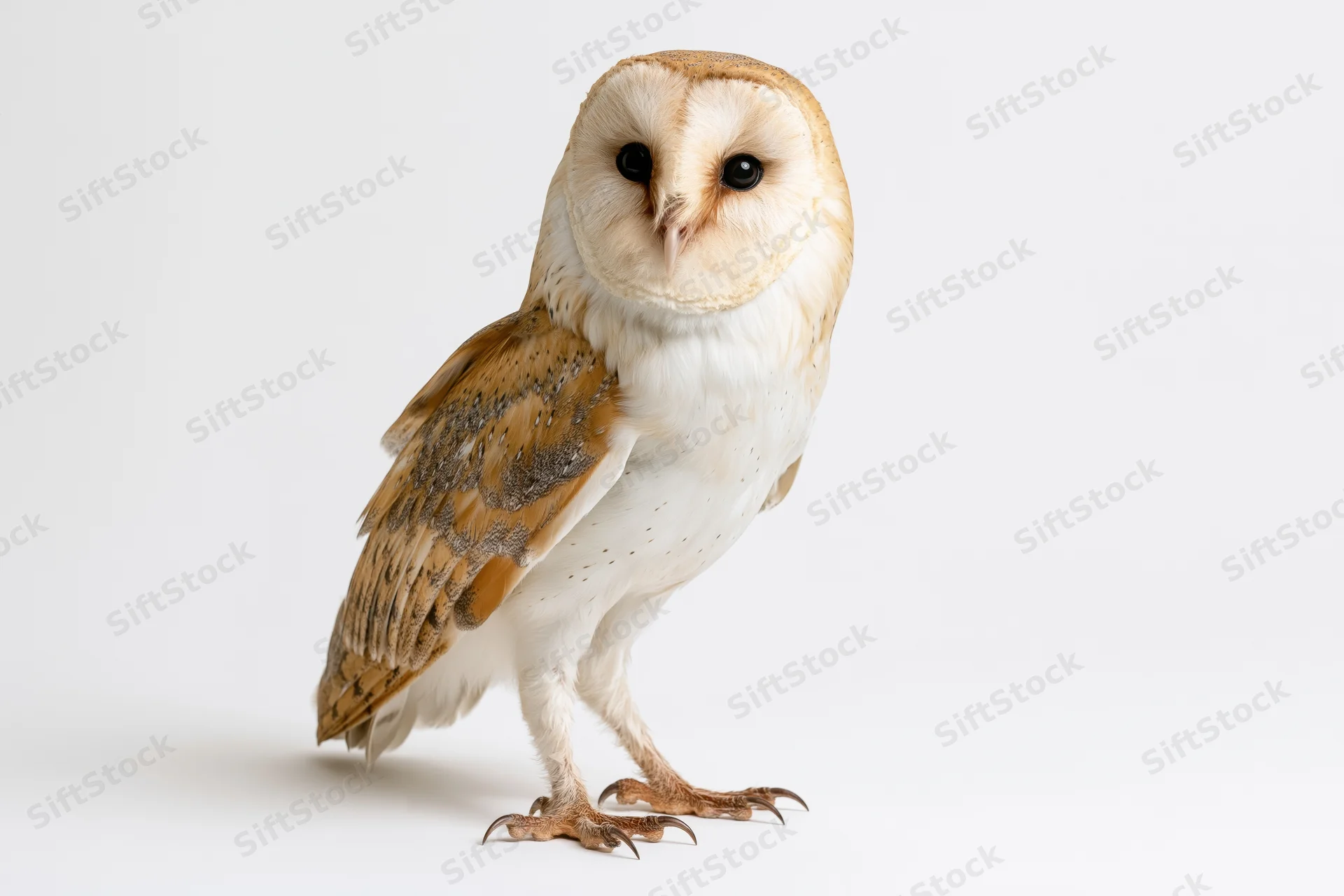 Barn owl standing upright facing camera on white background