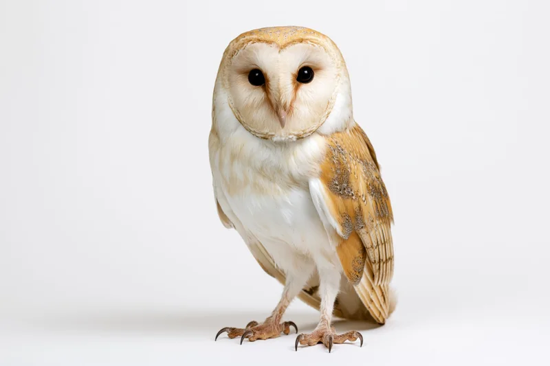 Barn owl standing upright facing camera on white background