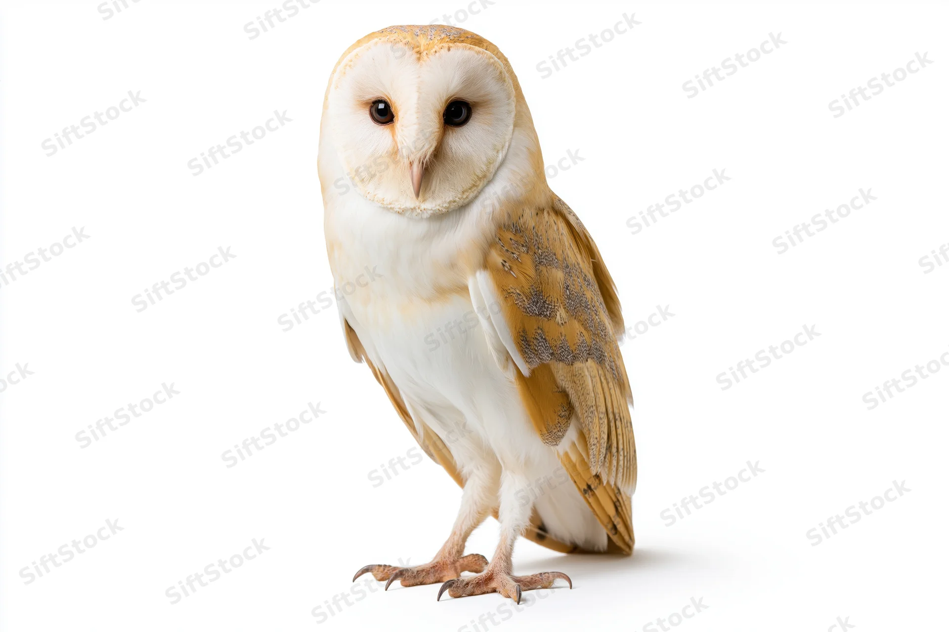 Barn owl standing upright facing camera directly on white background