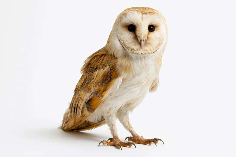 Barn owl standing upright facing camera directly on white background