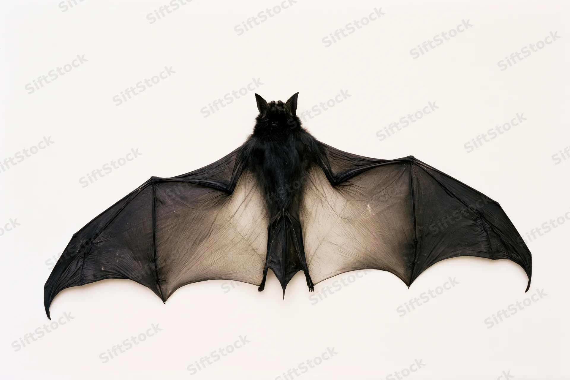 Bat specimen with wings fully spread against white background