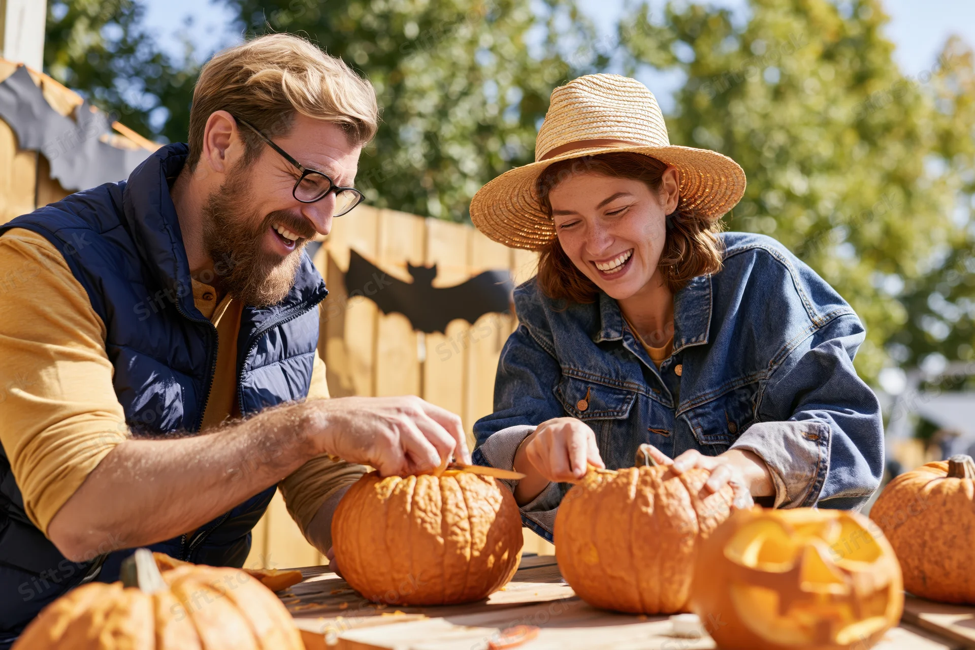 Man and woman carving pumpkins together outdoors on a sunny day