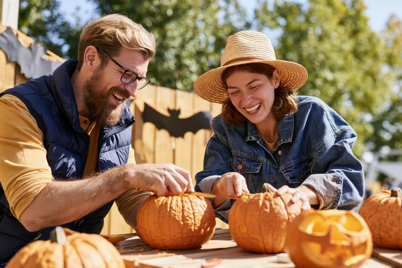 Man and woman carving pumpkins together outdoors on a sunny day