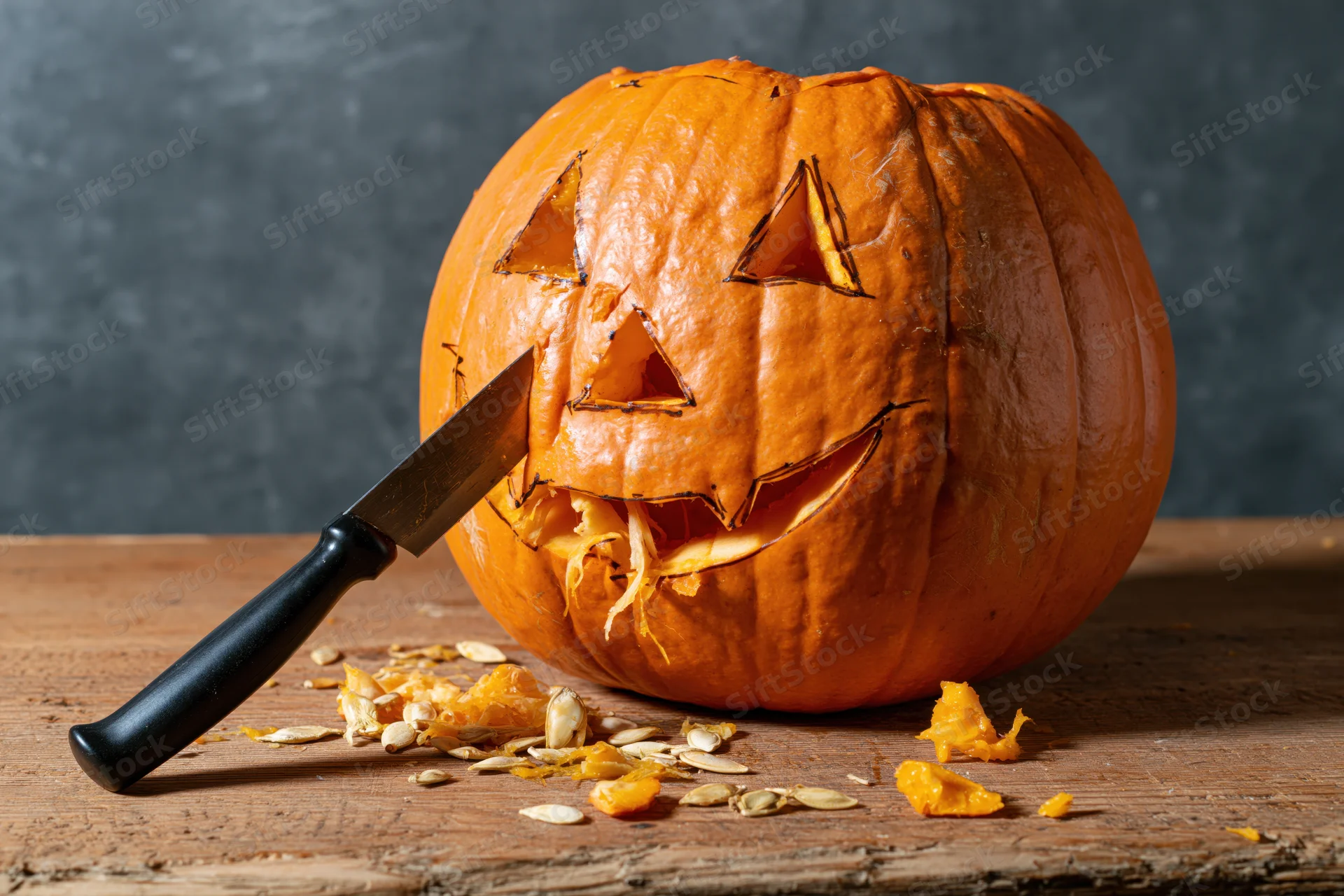 Carved pumpkin with knife on wooden table during halloween preparation