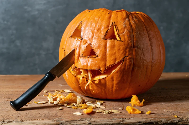 Carved pumpkin with knife on wooden table during halloween preparation