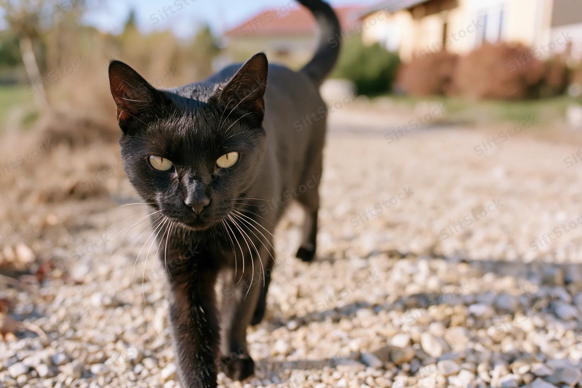 Black cat walking toward camera on gravel path in garden setting