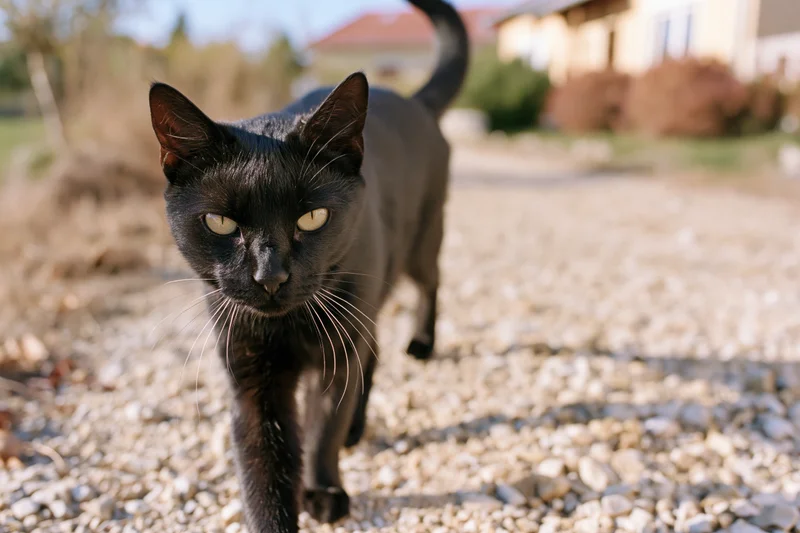 Black cat walking toward camera on gravel path in garden setting