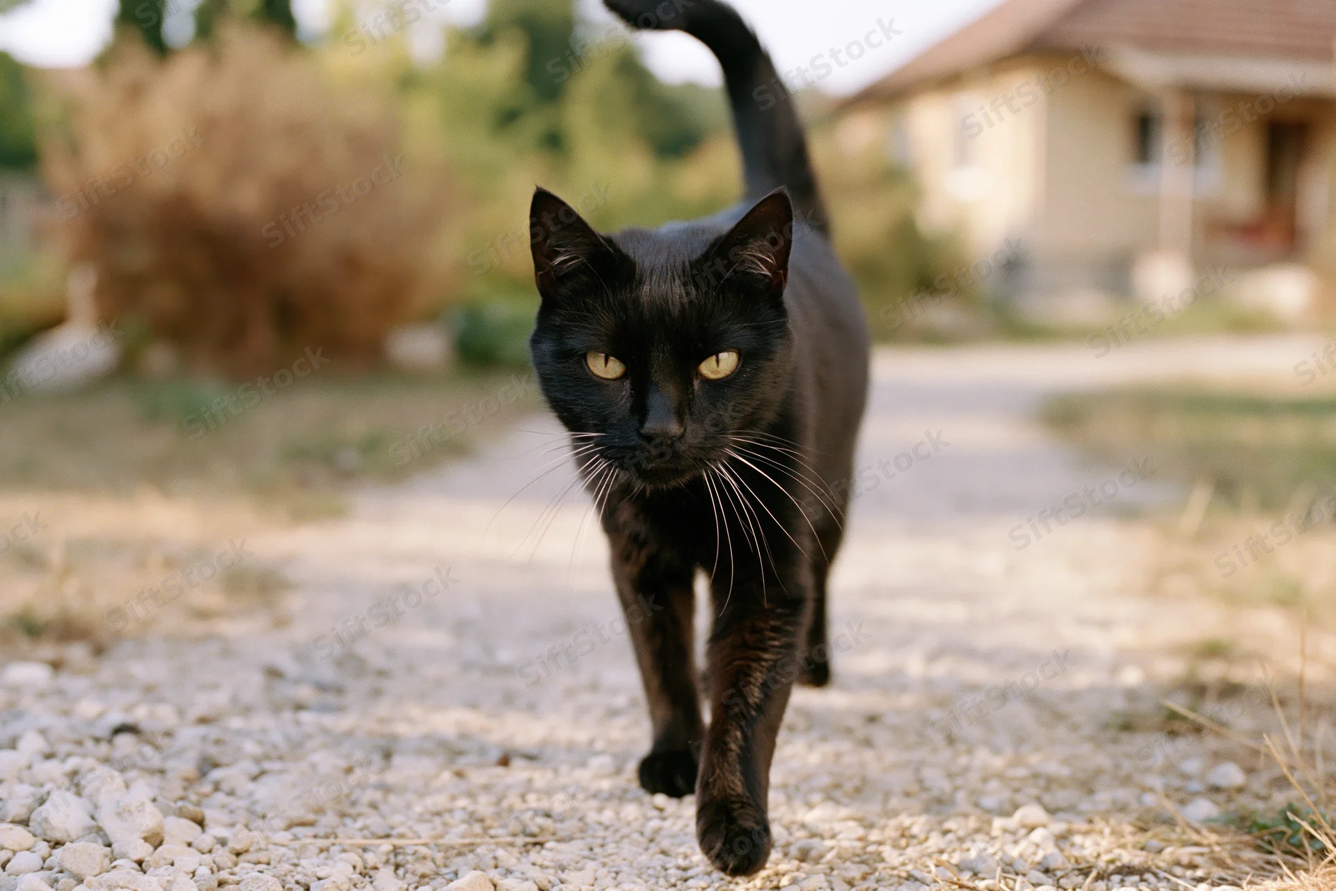 Black cat walking toward camera on gravel path in front of house