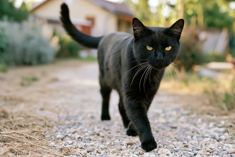 Black cat walking toward camera on gravel path in backyard garden