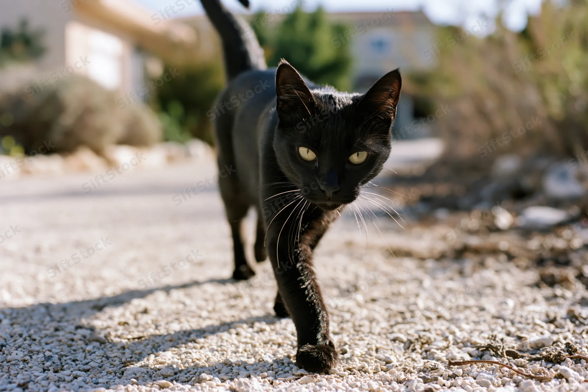 Black cat walking toward camera on gravel path with tail up in outdoor yard setting