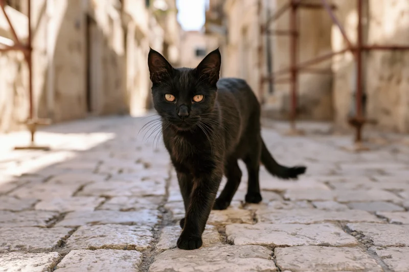 Black stray cat walking on cobblestone pavement in narrow urban alley
