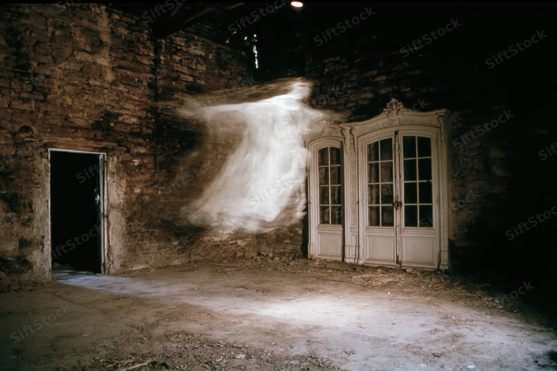 Ghostly figure hovering in dim light inside abandoned stone-walled room with ornate door and open doorway