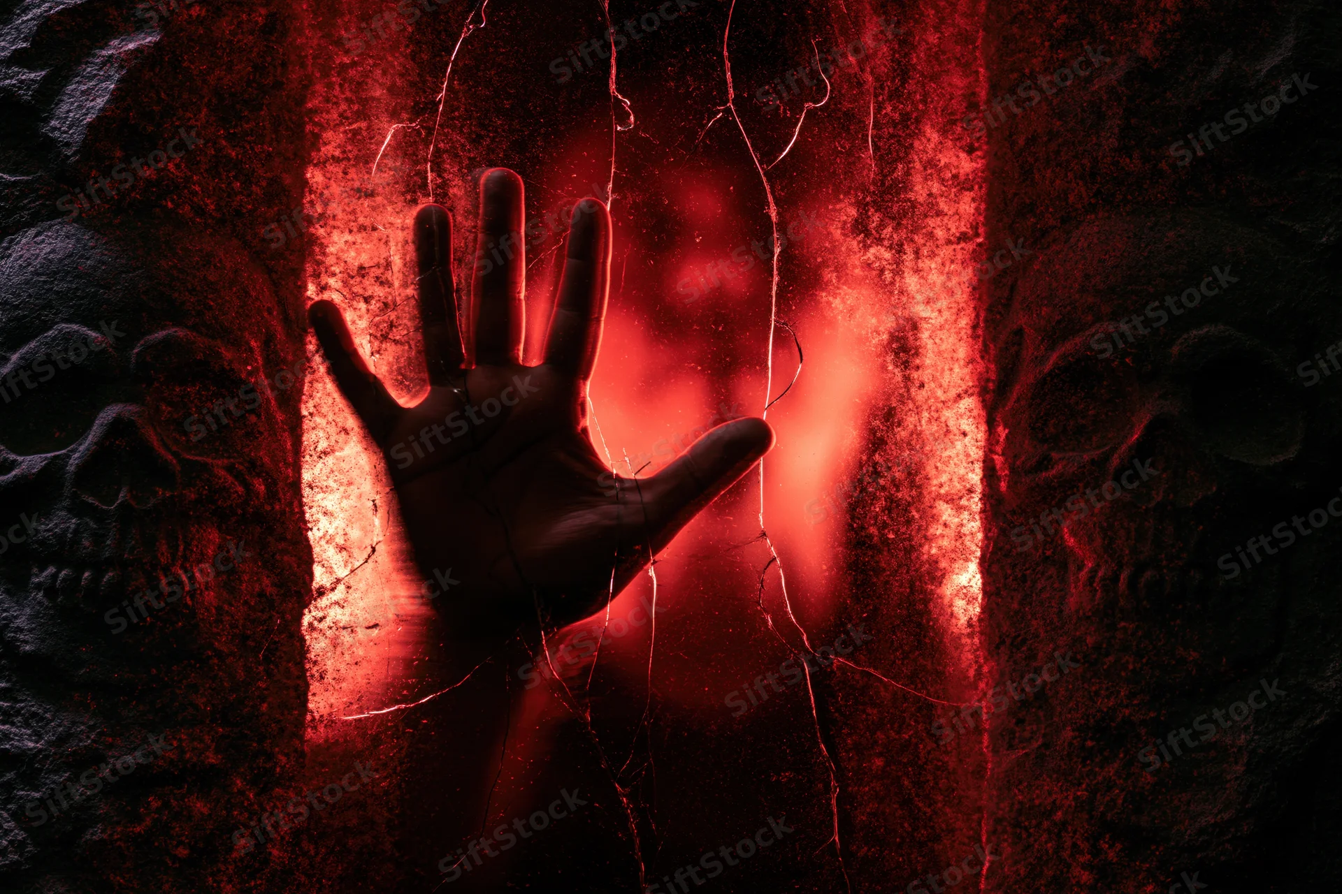 Hand pressed against cracked stone wall glowing red with skulls on sides