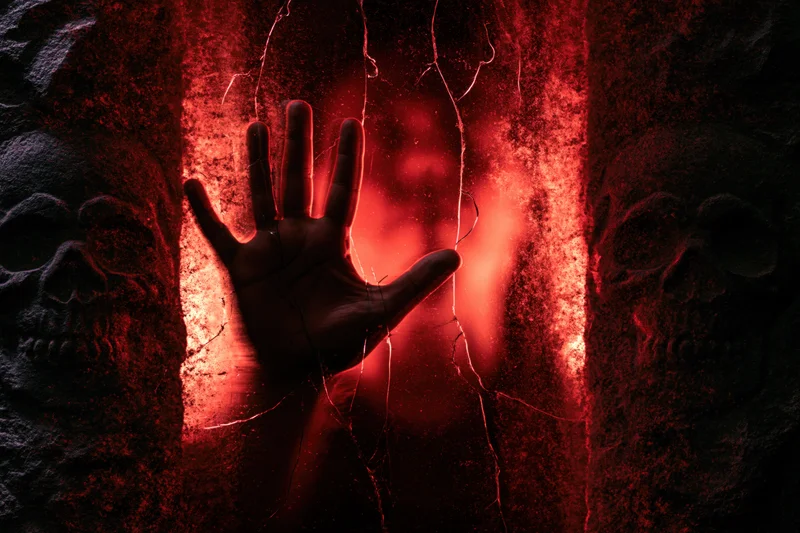 Hand pressed against cracked stone wall glowing red with skulls on sides