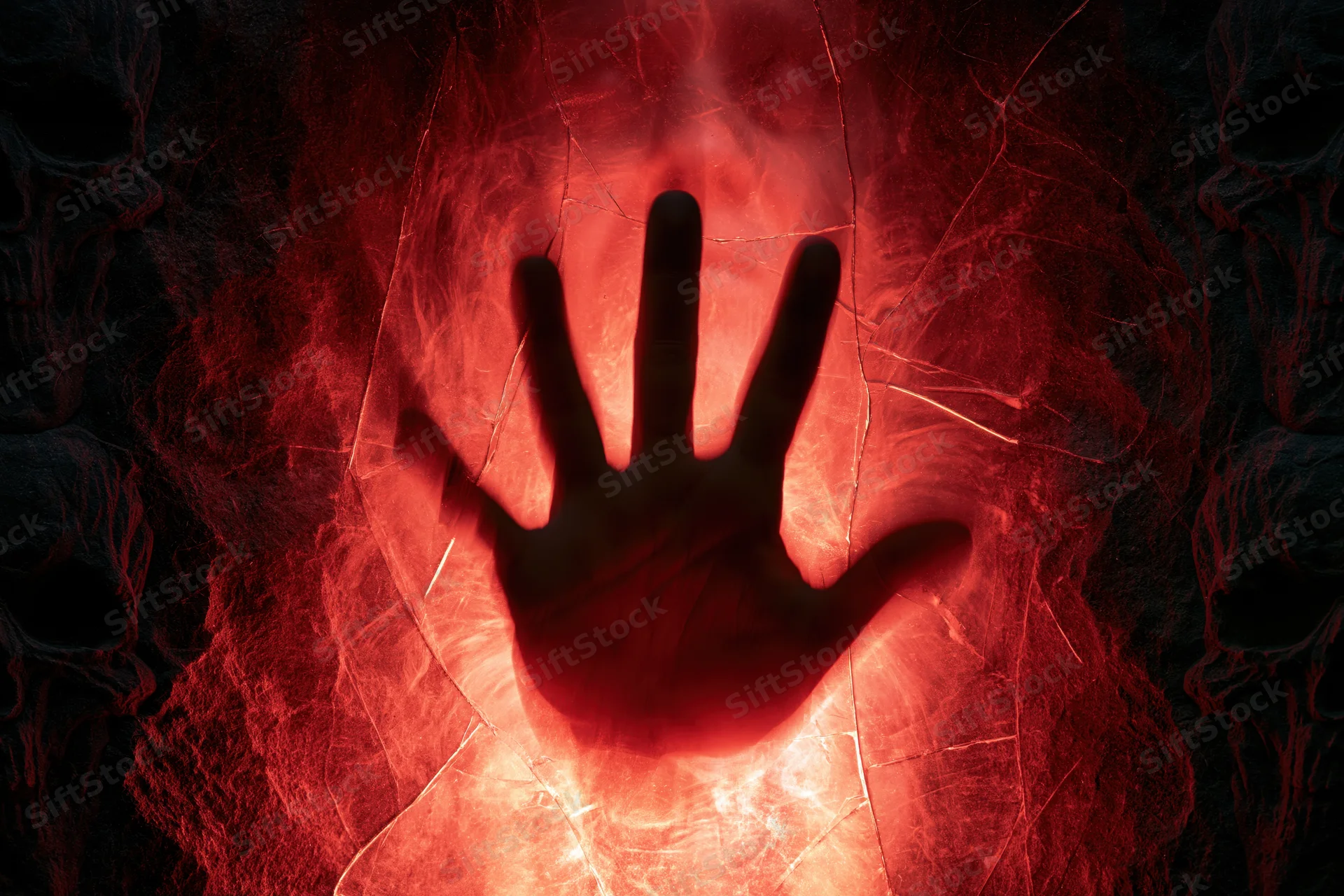 Shadow of a hand pressed against cracked red stone in a dark eerie setting