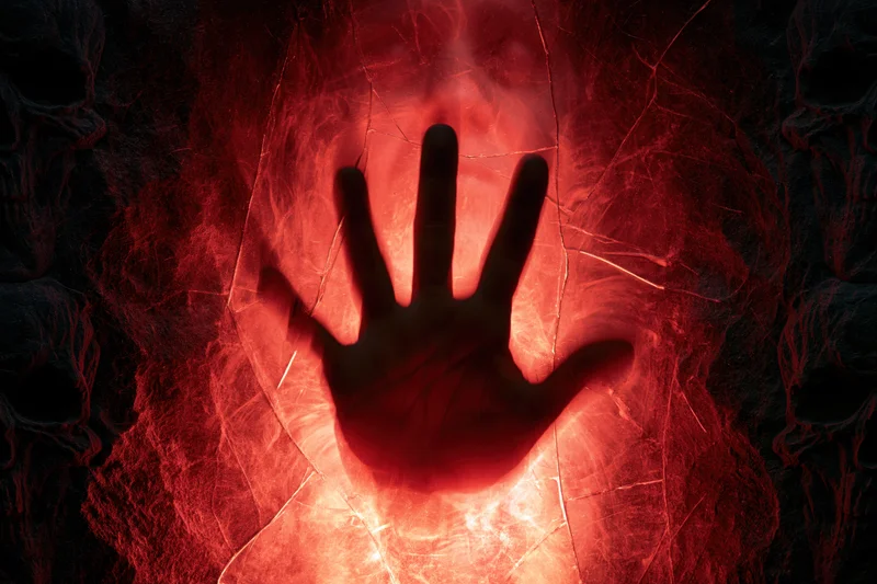 Shadow of a hand pressed against cracked red stone in a dark eerie setting
