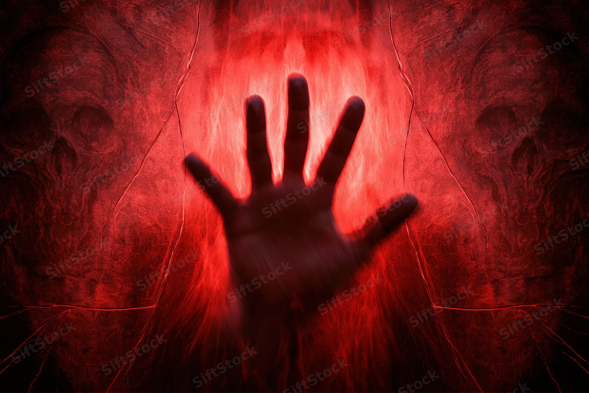 Blurred hand pressed against cracked stone surface glowing red with skulls in shadow