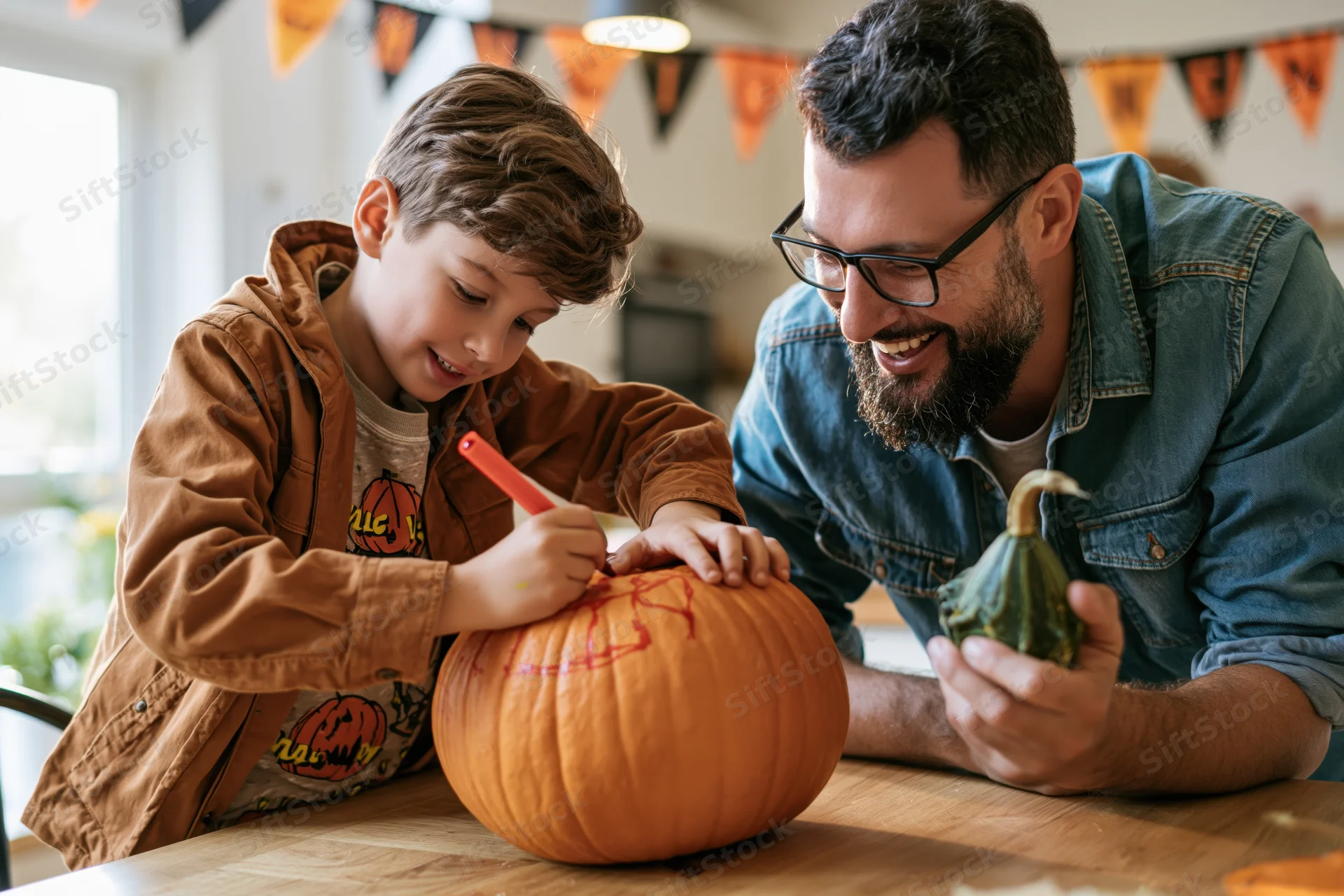 Boy drawing on a pumpkin with a red marker while father watches smiling at kitchen table