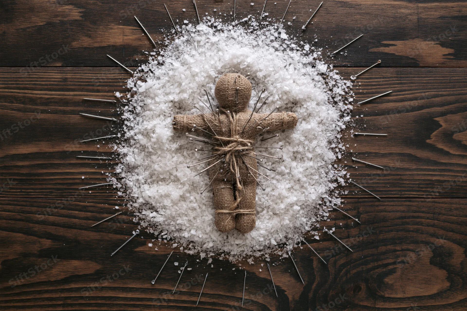 Burlap voodoo doll bound with twine and stuck with needles on salt on dark wooden surface