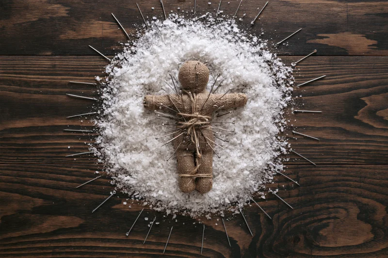 Burlap voodoo doll bound with twine and stuck with needles on salt on dark wooden surface