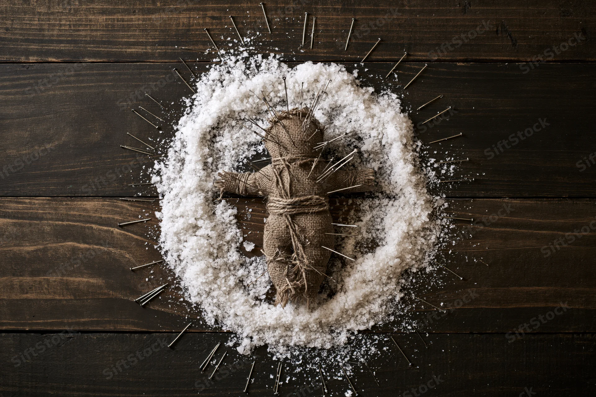 Burlap voodoo doll bound with twine and stuck with pins arranged in a circle of salt on dark wooden surface