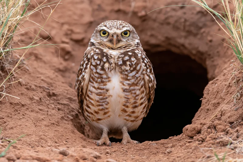 Burrowing owl standing alert at entrance of underground burrow in dry earth with sparse grass