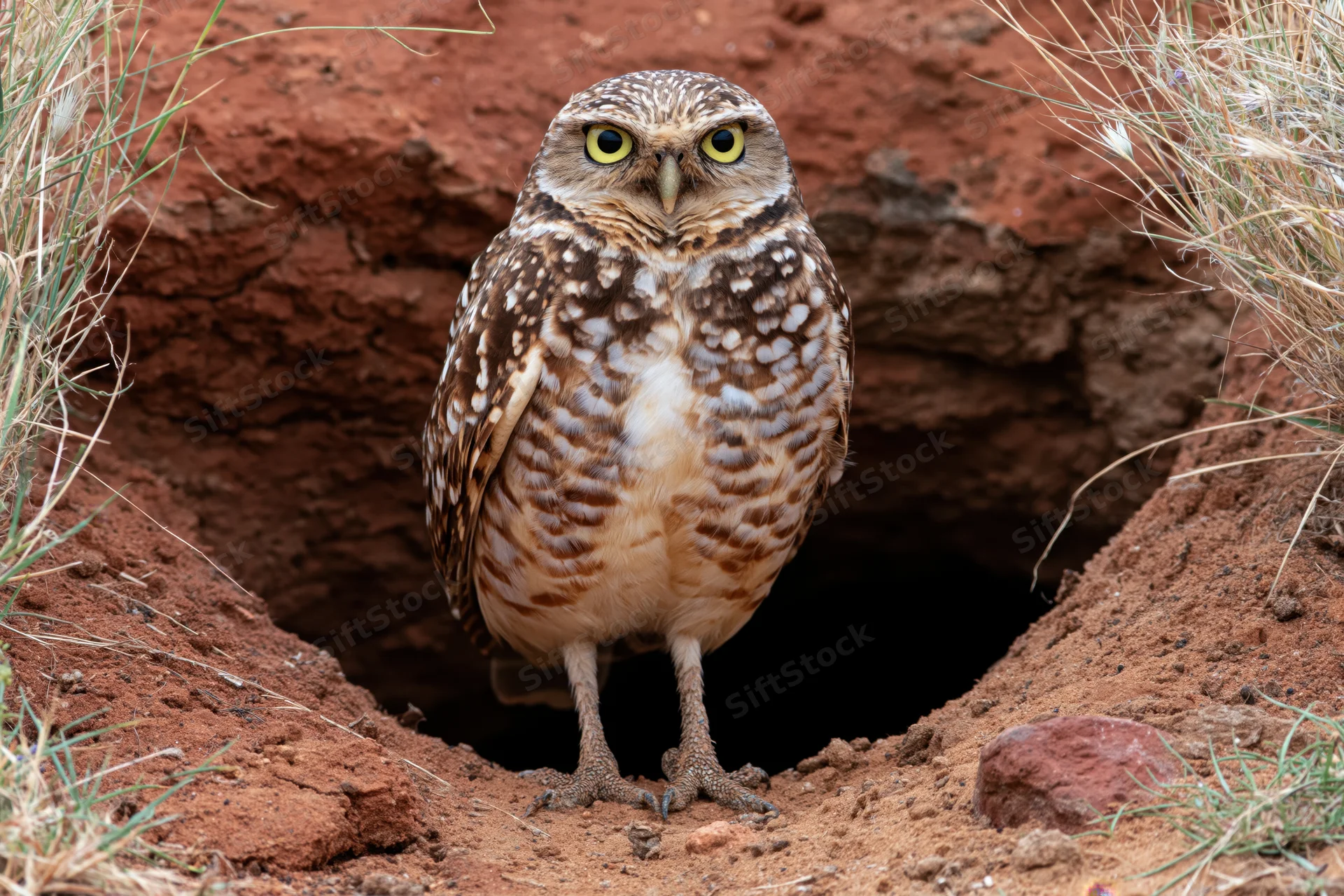 Burrowing owl standing alert at entrance of underground burrow in dry grassy soil