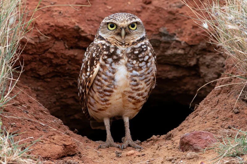 Burrowing owl standing alert at entrance of underground burrow in dry grassy soil