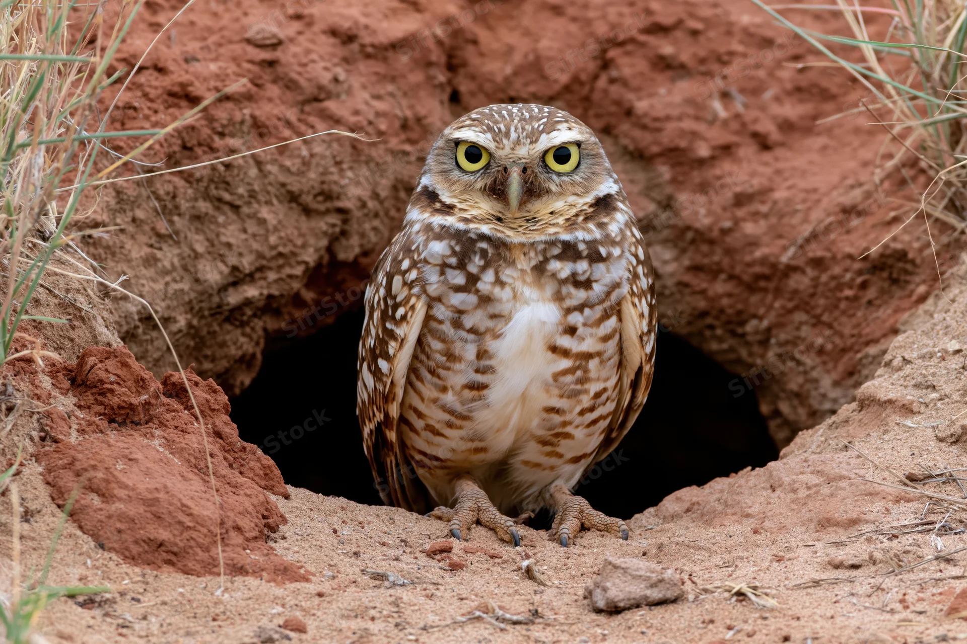 Burrowing owl standing alert at the entrance of its underground burrow in a sandy, grassy habitat