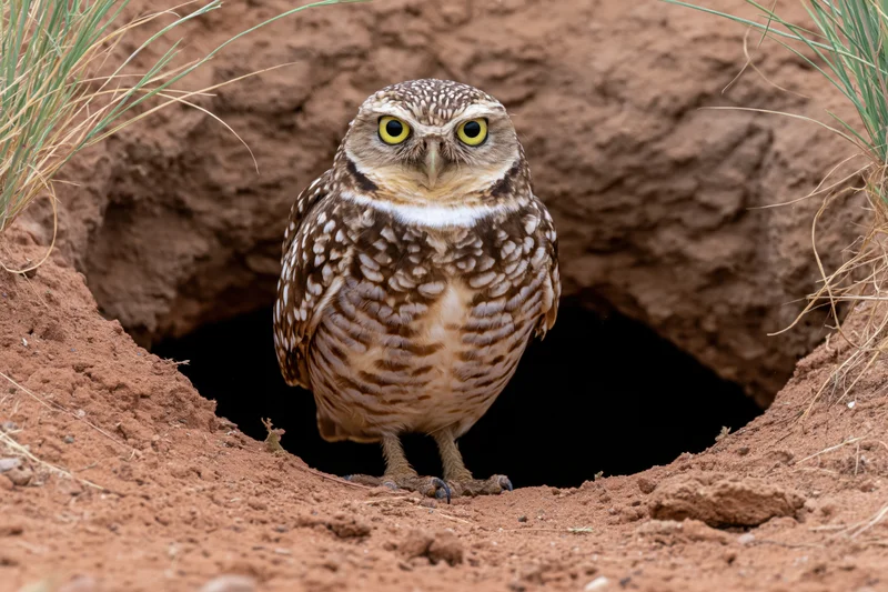 Burrowing owl standing alert at the entrance of its underground burrow in a grassy dirt landscape