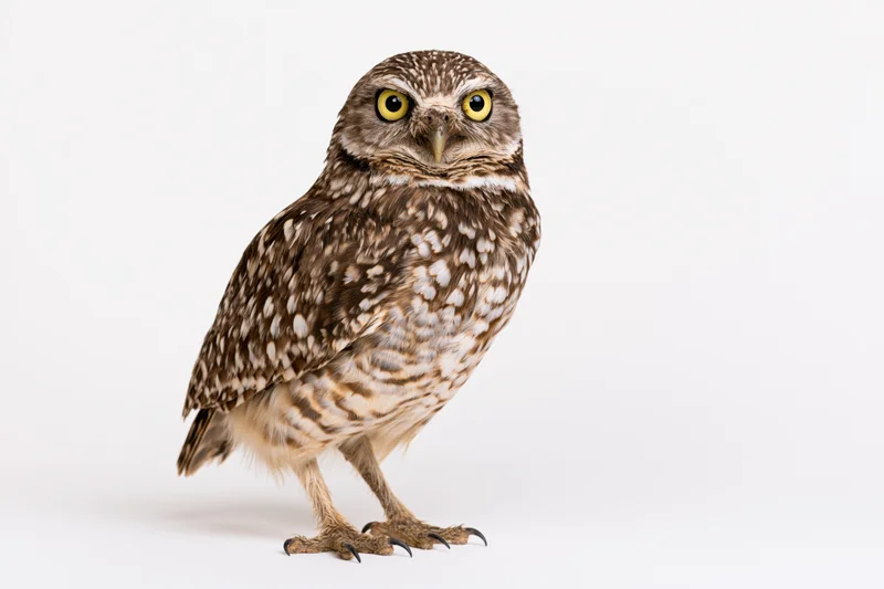 Burrowing owl standing upright facing camera full body on white background