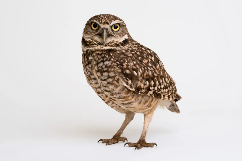 Burrowing owl standing upright facing camera full body on white background