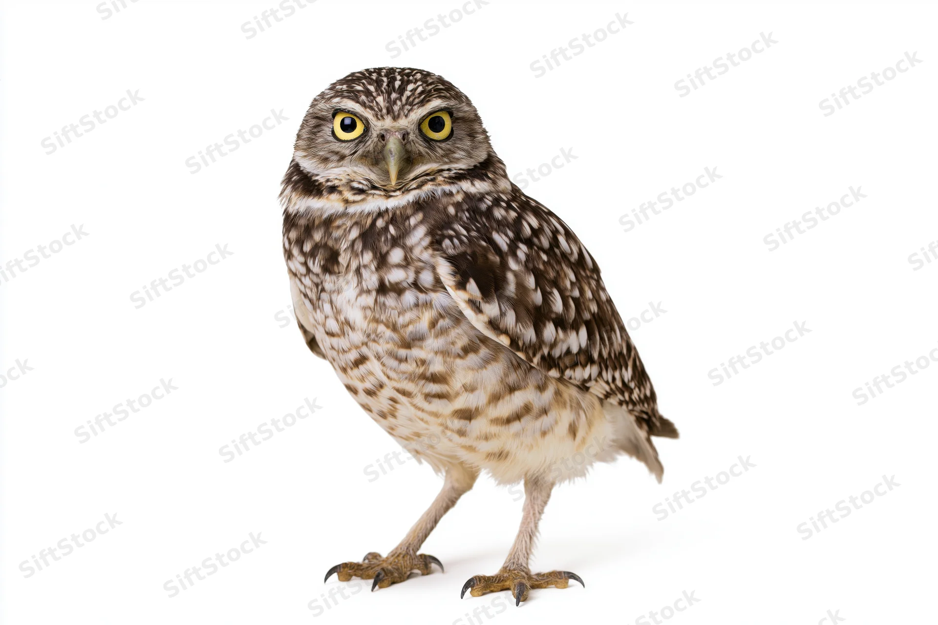 Burrowing owl standing upright facing camera full body on white background