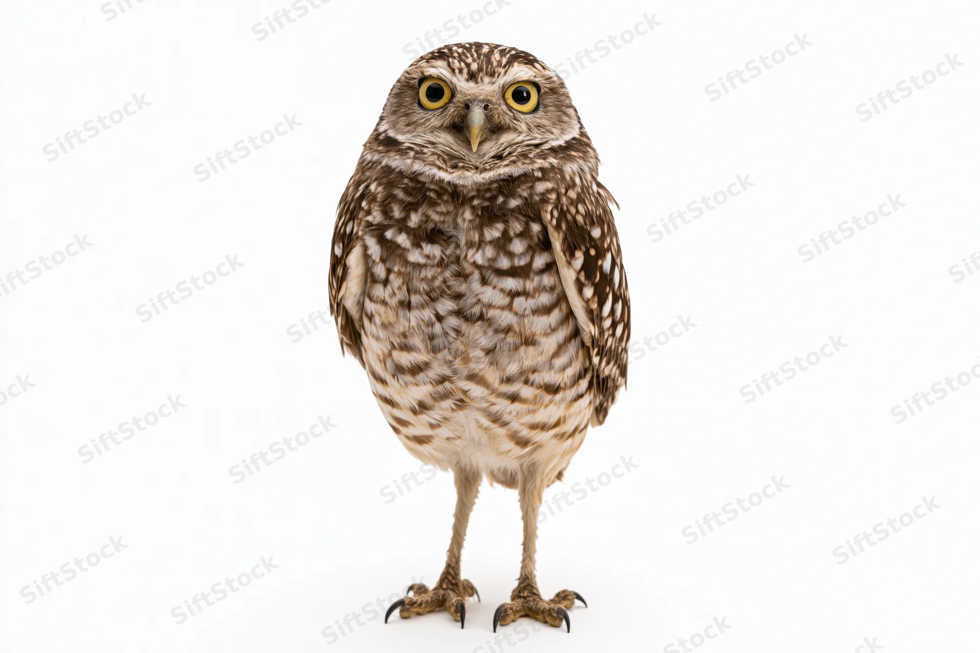 Burrowing owl standing upright facing camera full body on white background