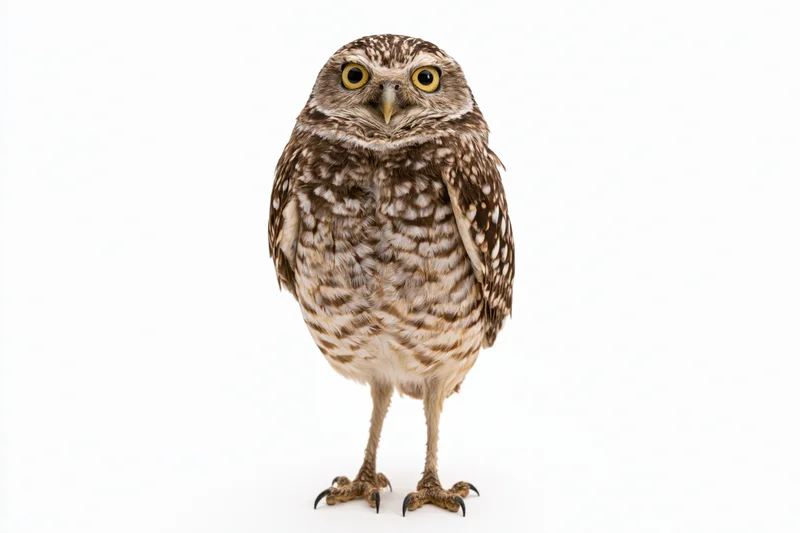 Burrowing owl standing upright facing camera full body on white background