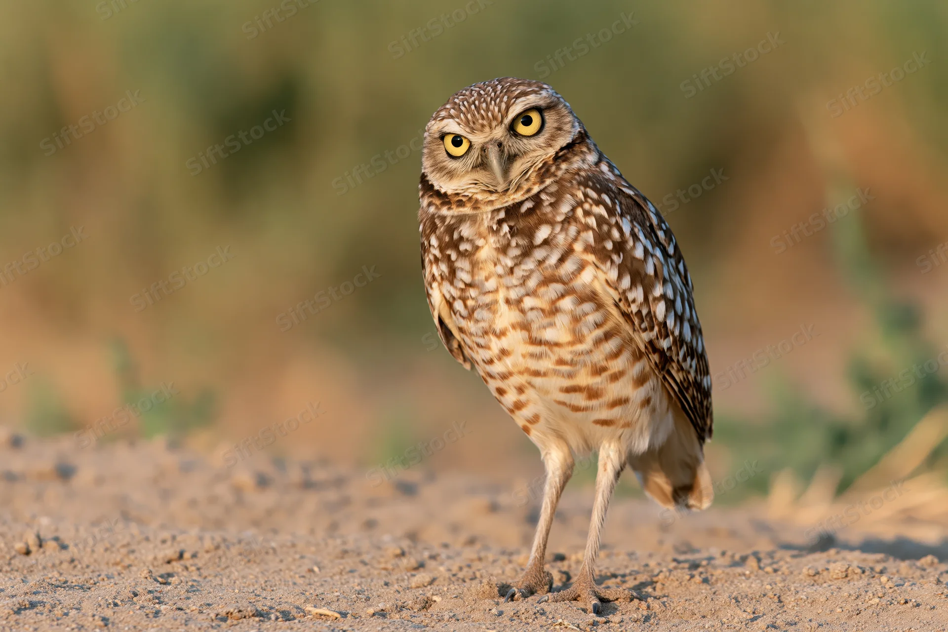 Burrowing owl standing upright on sandy ground staring directly at camera