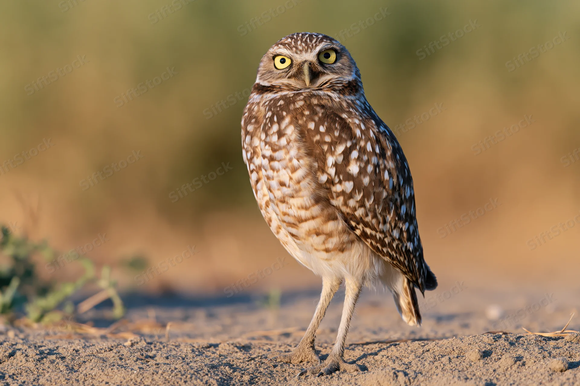 Burrowing owl standing upright on sandy ground staring directly at camera
