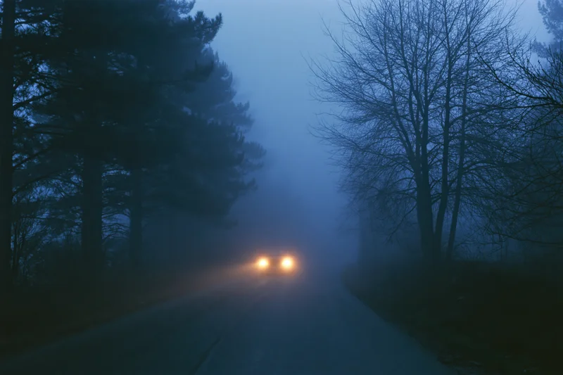 Car approaching on narrow foggy country road at dusk with headlights glowing through mist surrounded by trees
