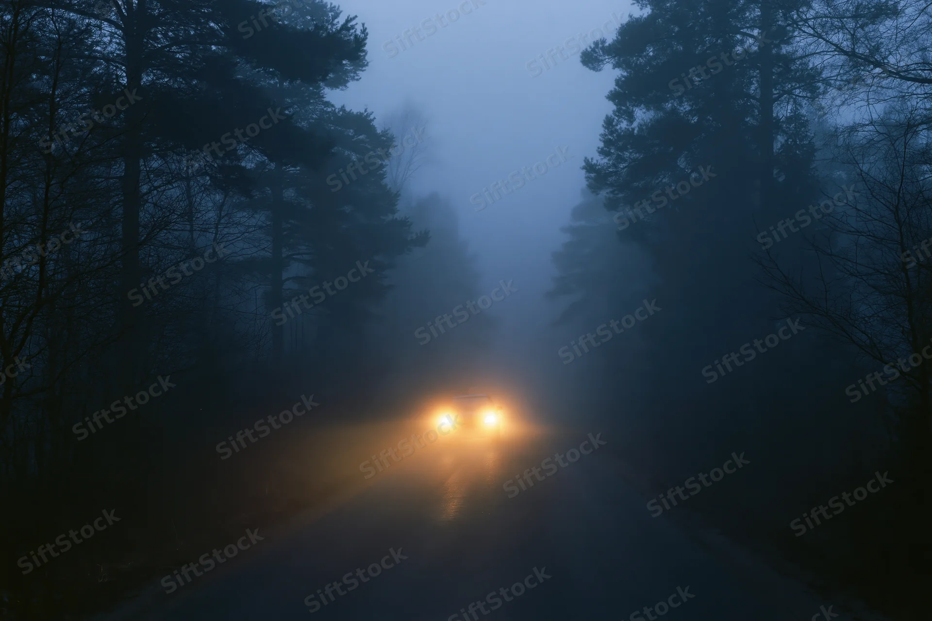 Car approaching on narrow foggy country road at dusk with headlights glowing through misty forest