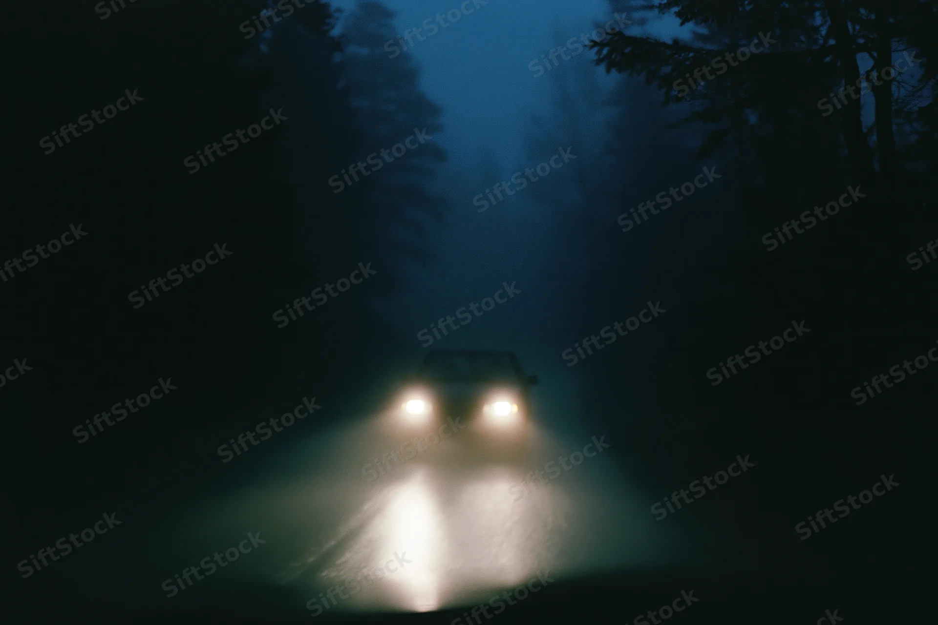 Car driving toward camera on narrow forest road at night with headlights cutting through fog and wet pavement