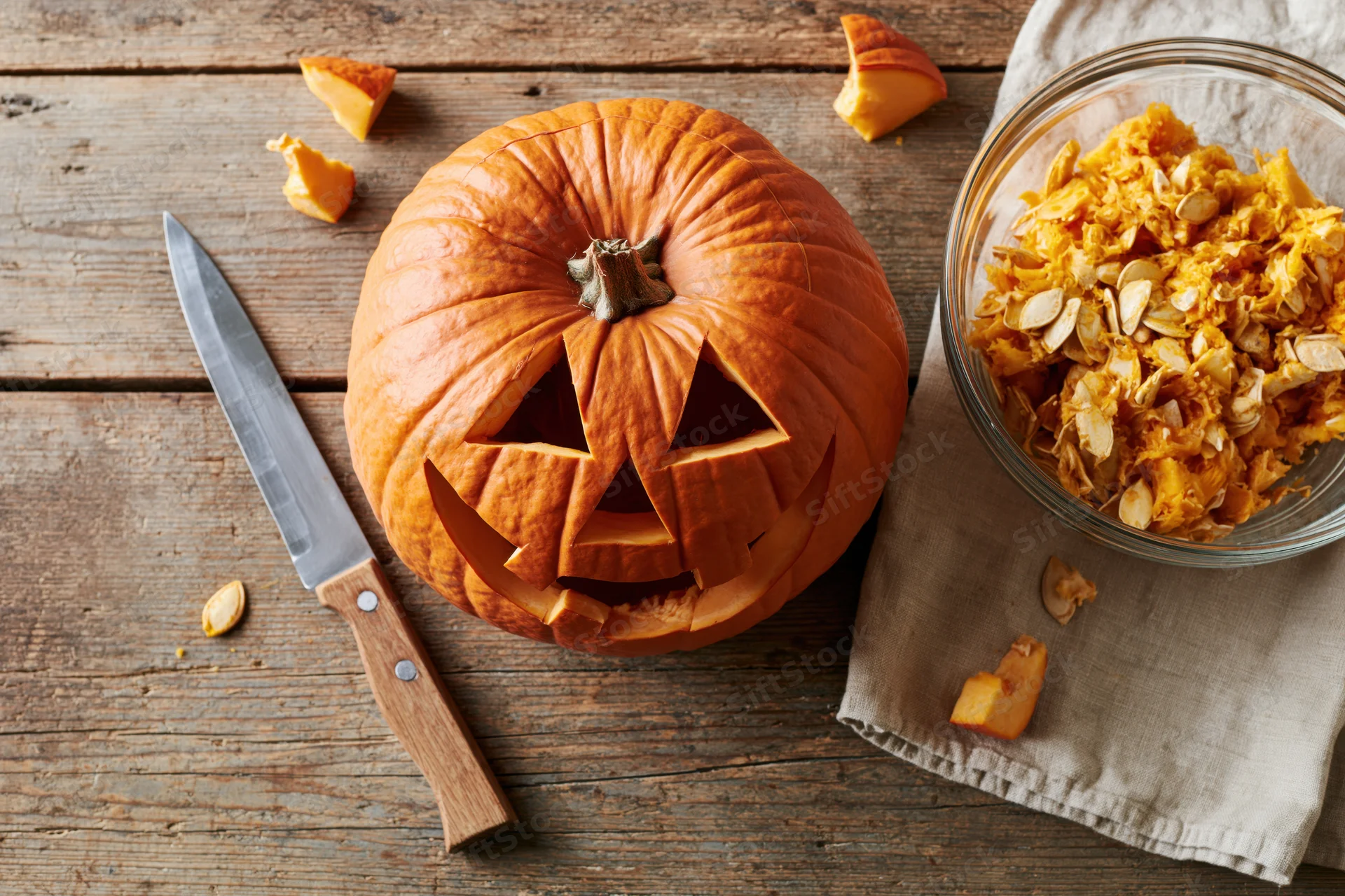 Carved jack-o-lantern pumpkin with triangular face on wooden table beside knife and bowl of seeds