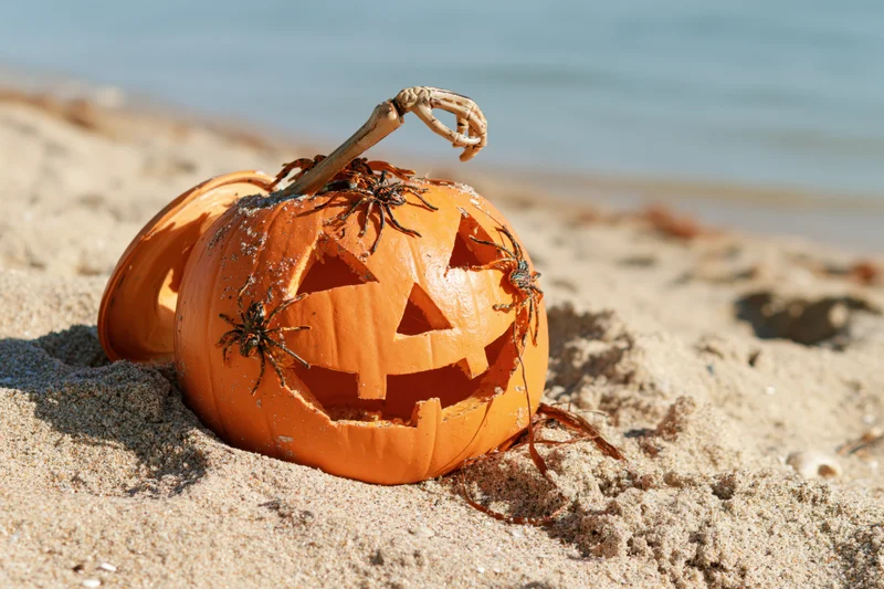 Carved jack-o-lantern with spider and skeleton hand on beach sand near ocean