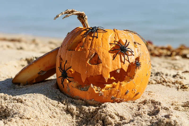 Carved jack-o-lantern with plastic spiders on sandy beach near ocean