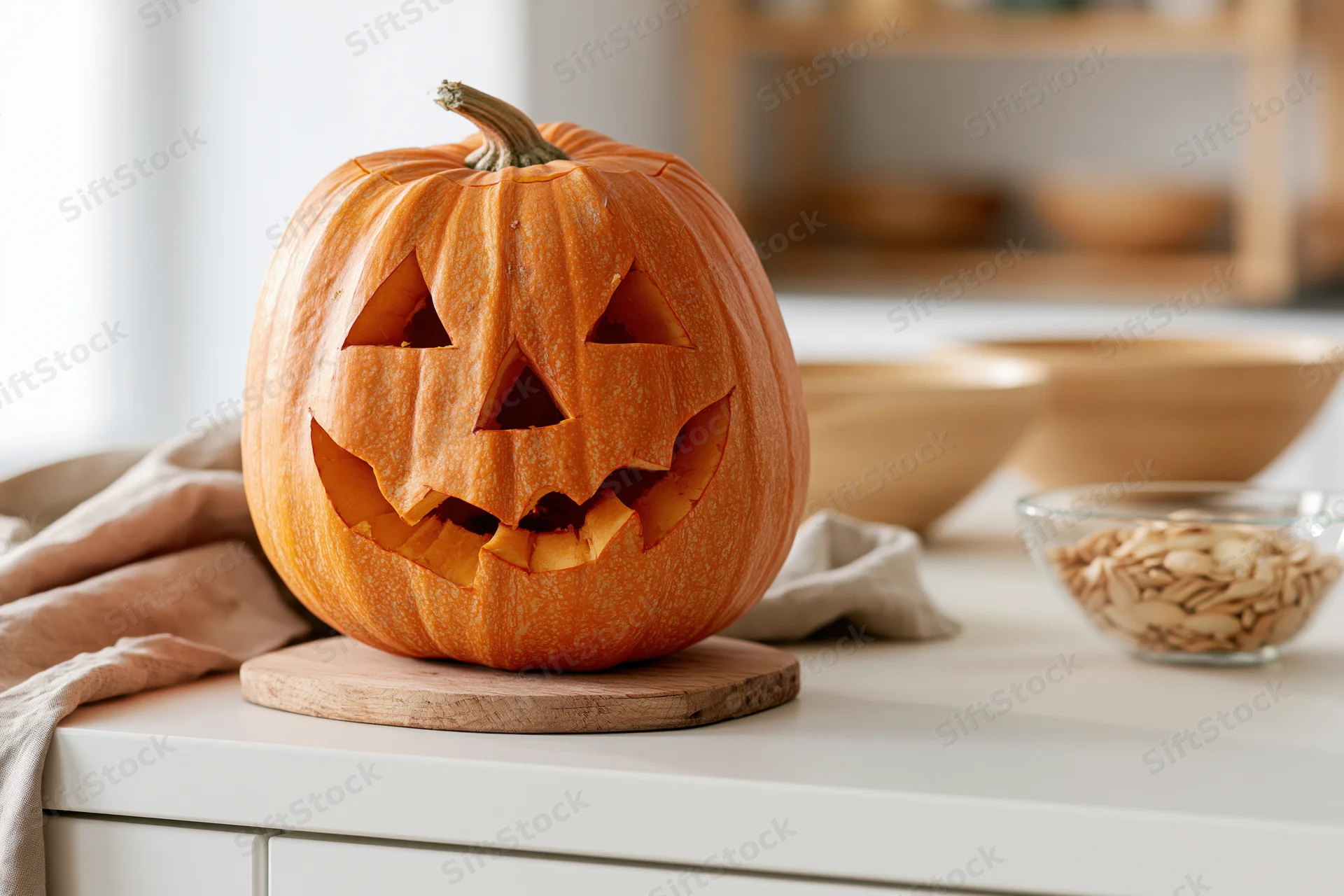 Carved pumpkin with triangular eyes and jagged grin on wooden cutting board in kitchen countertop setting