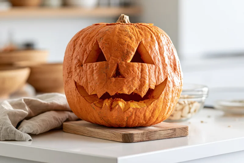 Carved pumpkin with triangular eyes and jagged mouth on wooden cutting board in kitchen
