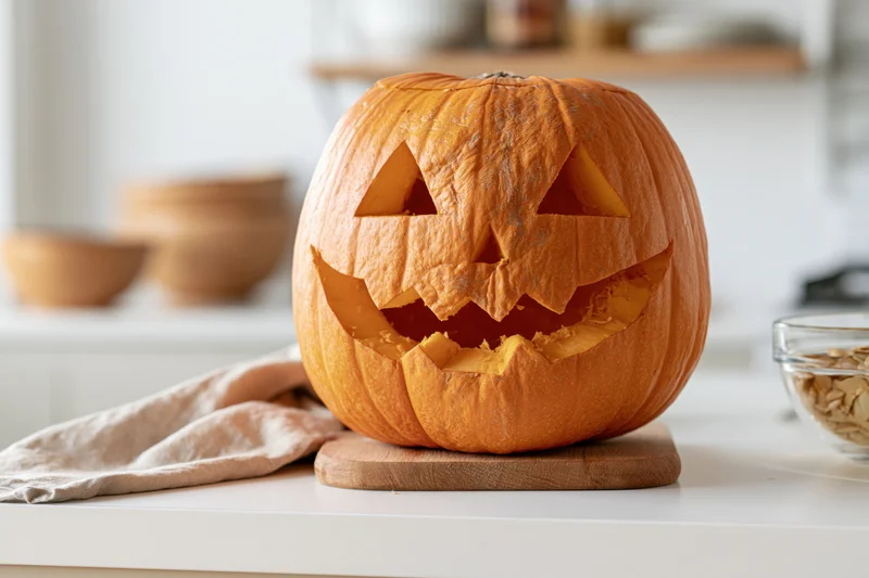 Carved pumpkin with triangular eyes and jagged mouth on wooden cutting board in kitchen countertop setting