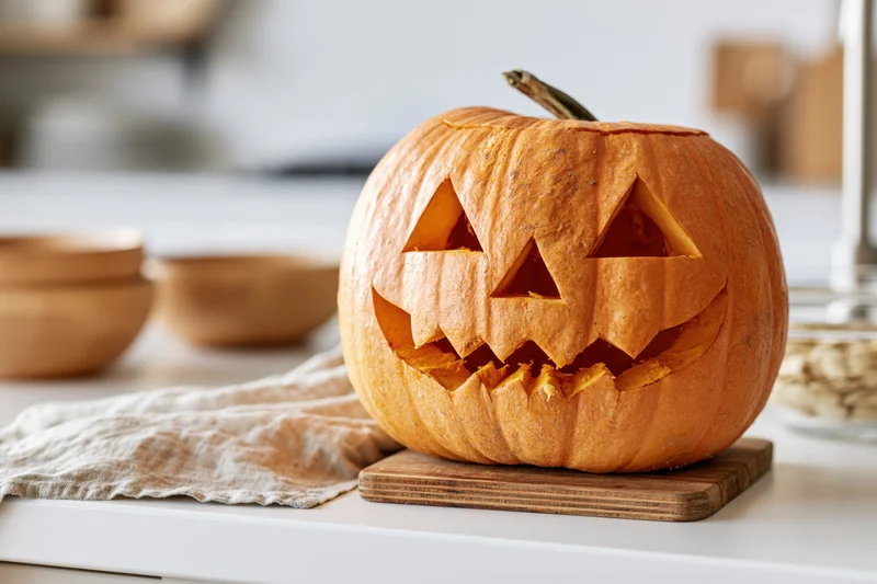 Carved pumpkin with triangular eyes and jagged mouth on wooden cutting board in kitchen