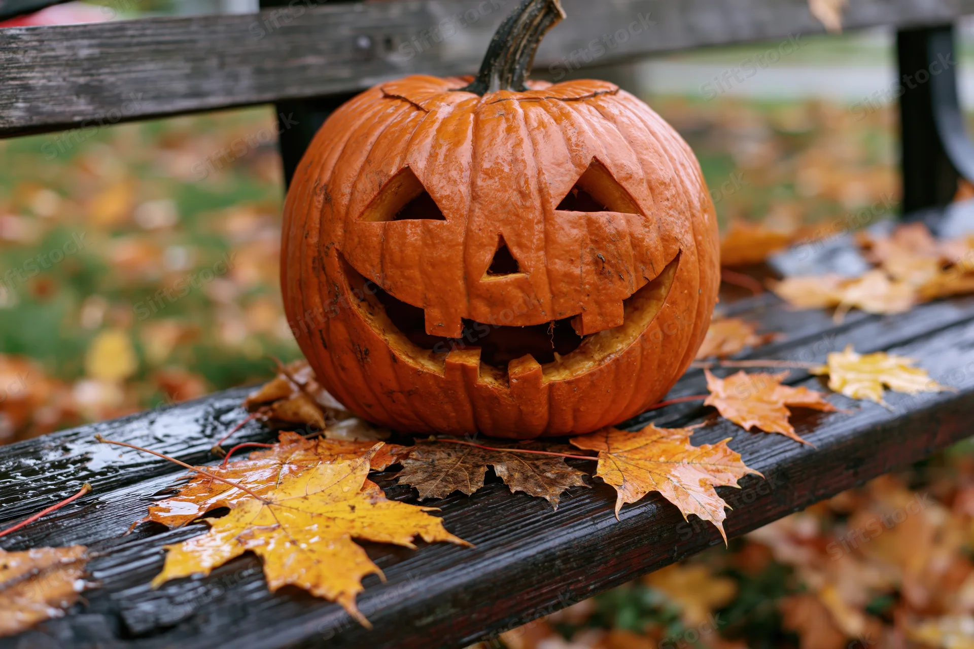 Carved pumpkin with triangular eyes and toothy grin resting on a weathered wooden bench surrounded by fallen maple leaves
